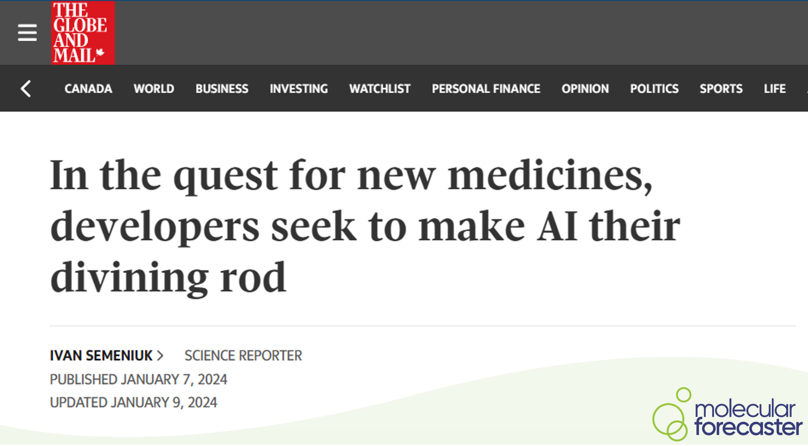 Article dans le Globe and Mail